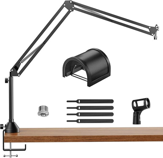 TONOR Microphone Boom Arm, Adjustable Microfono Stand Mic Arm with Extra-large Pop Filter, 3/8’’ and 5/8’’ Screwadapter, Equipment for Podcast, Recording, Streaming, 40 cm +40 cm +20 cm Riser T10L+