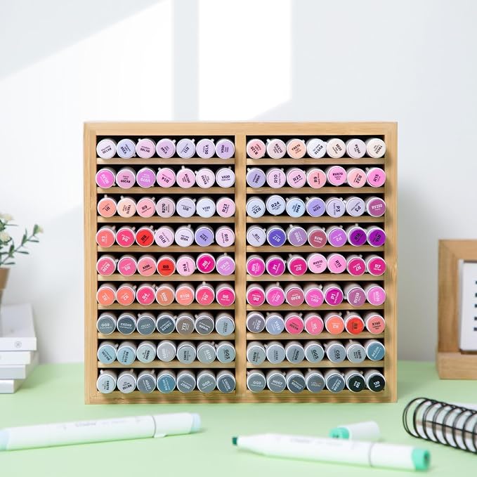 Ohuhu Bamboo Marker Organizer, Wooden Desktop Storage Hold 126 Markers, Pens, Pencils, Art Brushes Stationary Organizer Pencil Holder with 18 Compartments for Home, Classroom, Office Decor