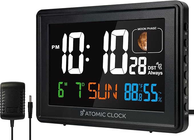 Digital Atomic Alarm Clocks for Bedrooms Battery Backup | Color Display, Self-Setting Clock, Auto DST, Indoor Temperature Humidity, Moon Phase, Calendar, Time, Day of Week, Black