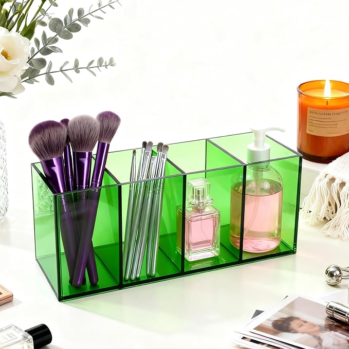 Pen Holder for Desk Neon Acrylic Pencil Holder Cup Makeup Brush Storage Organizer for Vanity, Turquoise Green