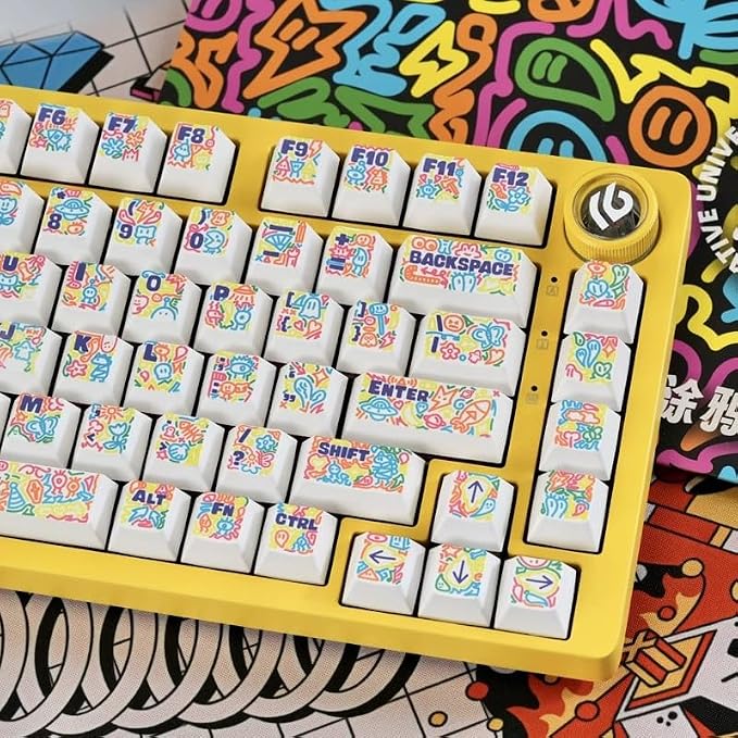 White & Yellow Keycaps - Cherry Profile 5-Sided Dye-Sublimation Graffiti Style Keycap Set 130 Keys for 60%/65%/75%/80%/100% Mechanical Keyboard