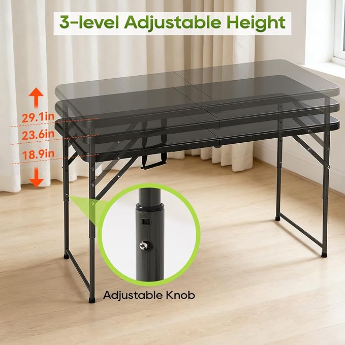 FDW 4FT Folding Table, Portable Fold-in-Half Plastic Picnic Party Table with Carrying Handle (Black, 4FT)