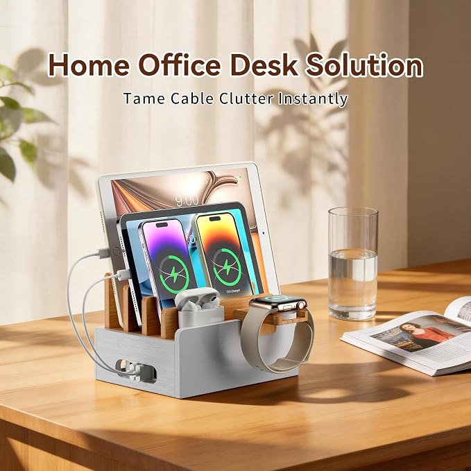 Pezin & Hulin Bamboo Charging Station with USB Charger&Cables-Natural+White | Desk Docking Station Smart Watch&Earbuds Stand for Multiple Devices Electronic Organizer for Cell Phone, Tablet