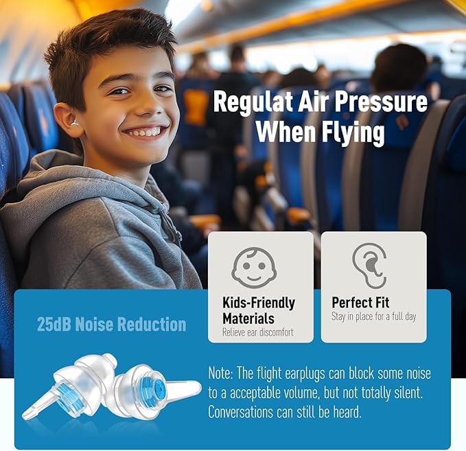 Ear Plugs for Kids (6-12 yrs), Airplane Ear Pressure Relief & Prevent Ear-Pain Earplugs for Children Adults with Small Ear-canals, Comfortable Earbuds, 25 dB Noise Cancelling