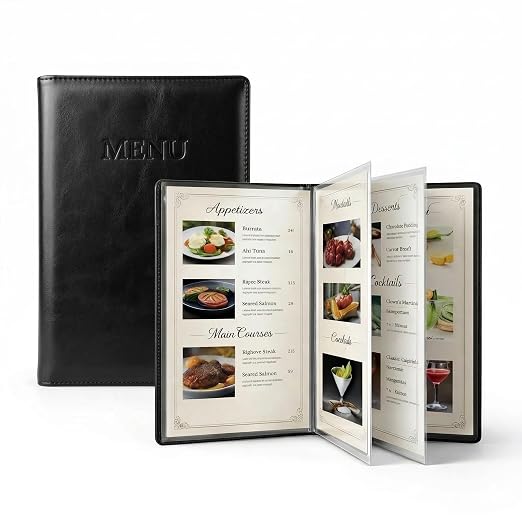 2-Pack Classic Black Vegan Leather Menu Cover with Embossed MENU Design 8.5x11 4 Page 8 View Clear Sleeves Restaurant Menu Holder Presentation Folder Portfolio Binder Sheet Music Professional