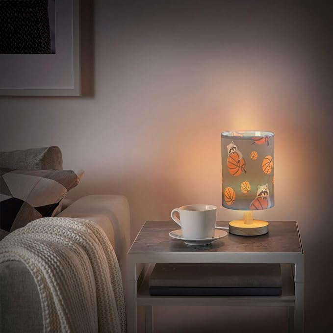 Table Lamp Raccoon Basketball Pattern On Grey Nightstand Lamp with Wood Base Fabric Lamp Shade Bedside Desk Lamp for Living Room Bedroom Kids Room Office
