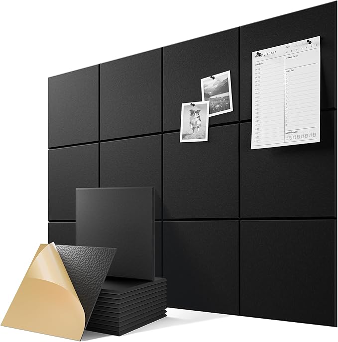 6-Pack Self-Adhesive Acoustic Panels, 12" X 12" X 0.4" High-Density Sound Proof Foam Panels for Walls, 36" x 24" Felt Bulletin Board, Soundproof Wall Panels for Home & Office (Black)