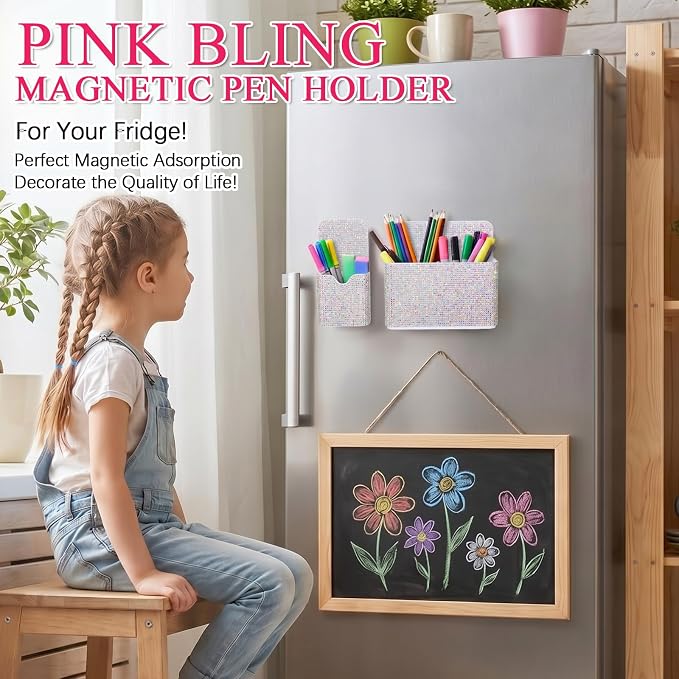 MotiMind 2 Pcs AB Color Bling Magnetic Marker Holder Women Girl Locker Accessories Marker Pen Pencil Holder for Refrigerator Whiteboard Sparkly Gift Desk Organizer for School Office (Rhinestone)