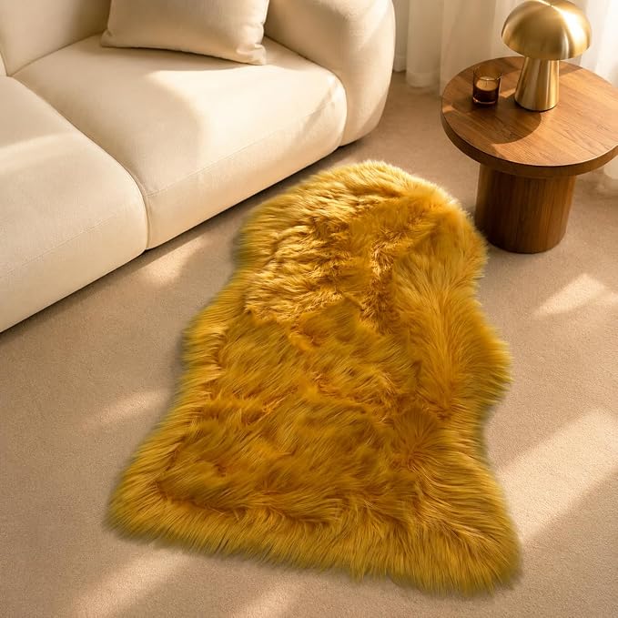 EasyJoy Faux Sheepskin Rug, Fluffy Faux Fur Rug, Ultra Soft Shag Area Rug with Non-Slip Backing for Bedroom, Living Room, Nursery, Kids Room(2 x 4 ft Sheepskin, Golden Yellow)