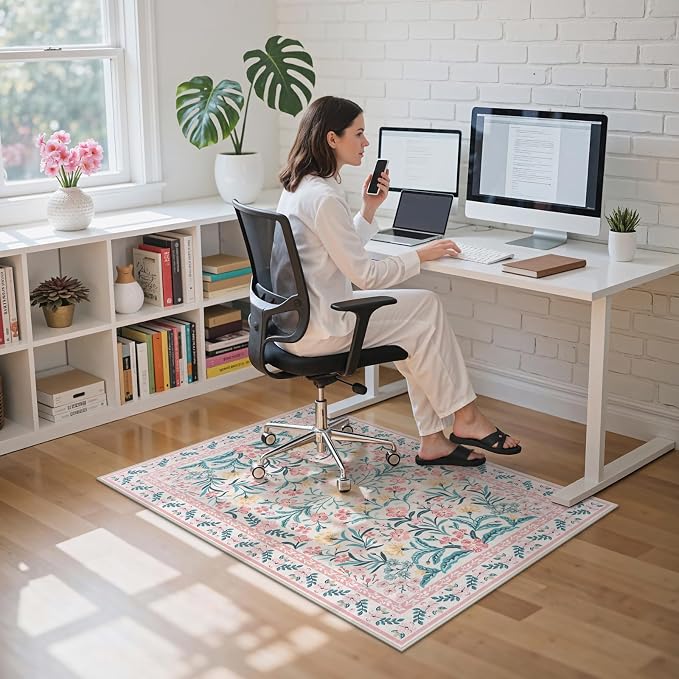 Anidaroel 36"x48" Office Chair Mat for Hardwood Floor, Boho Floral Floor Mat for Office Chair, Anti-Slip Desk Rug for Office, Low Pile Desk Chair Mats for Hardwood, Blush Pink Small Office Rug
