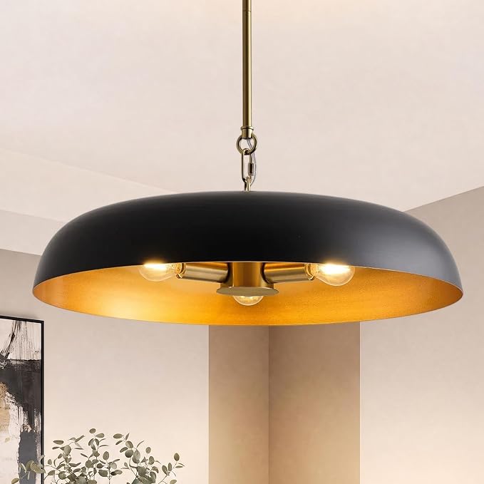 Large Pendant Lights Kitchen Island 20.4in, Black Gold Dining Room Fixture | 3-light hanging dome chandelier, modern all-metal frame, adjustable 18-54in downrod, E12 40W base, for over table bar cafe