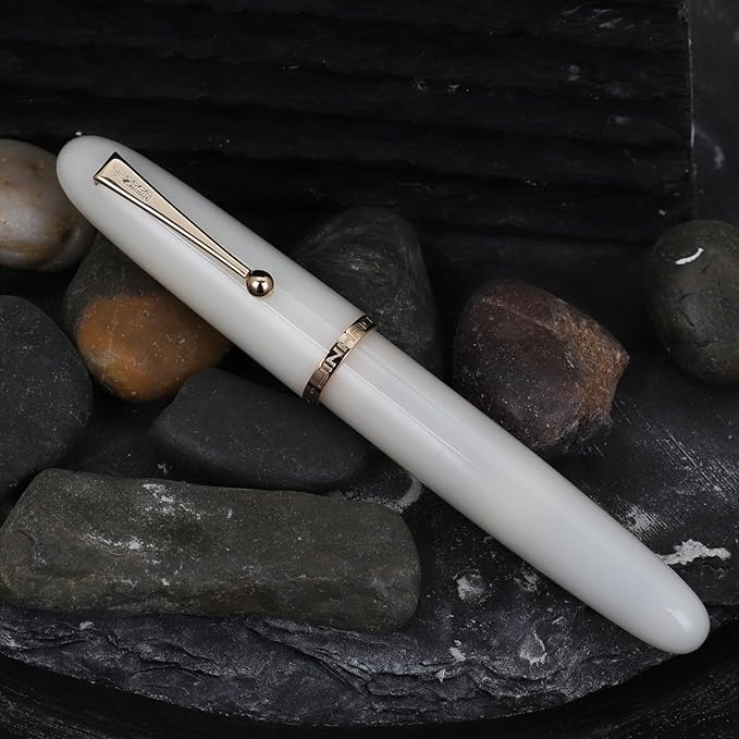 Jinhao 9019 DaDao Series Fountain Pen, Size 8 Fine Heartbeat Nib with Large Ink Converter, Ivory White Acrylic Design Smooth Writing Pen (Gold Trim)