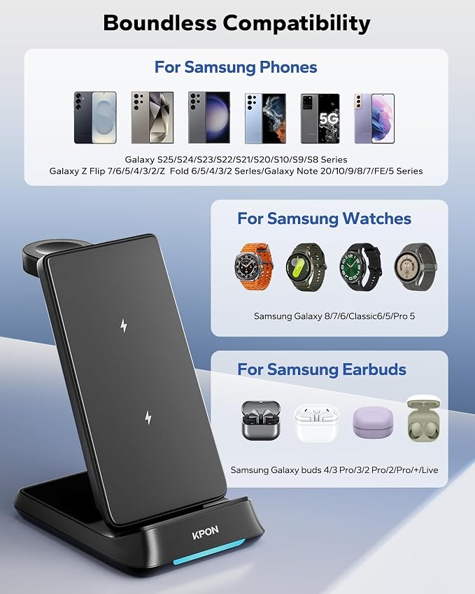 3 in 1 Charging Station for Samsung, Wireless Charger for Thick Cases, Foldable Phone and Watch Charger Stand for Galaxy S26/S25/S25 Ultra/S24/Z Fold/Android Devices, Galaxy Watch and Earbuds