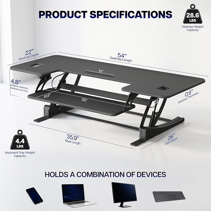 VIVO 54 inch Manual Height Adjustable Large Standing Desk Converter, Quick Sit-Stand Desk Riser, Tabletop Pneumatic Assist Height Adjust 6.5 to 17 inch, Black, DESK-V054V