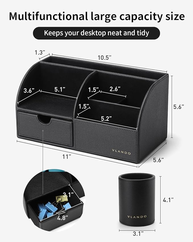 VLANDO 2 Pcs PU Leather Desk Caddy Set with Drawer,Pen Holder | Set for Office Supplies,Remote Controls,Pens,Small Accessories,Workspace Decor for Men,Black