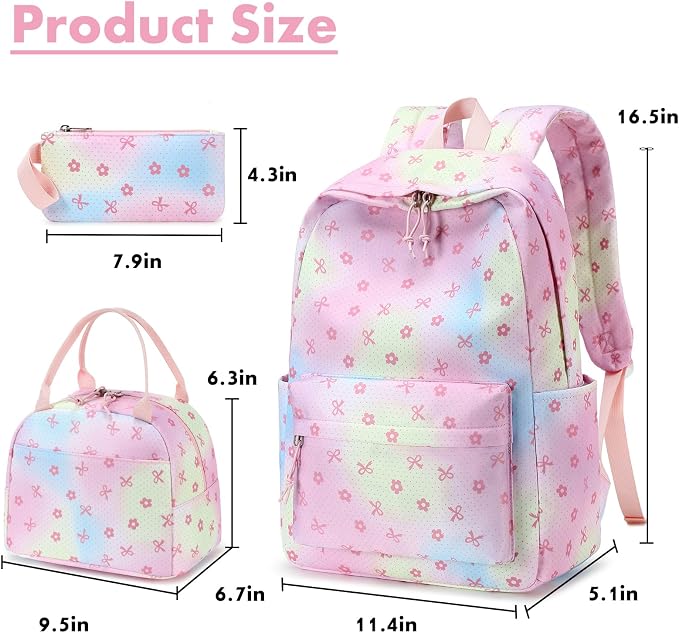 Bluboon Teen Girls School Backpack Kids Bookbag Set with Lunch Box Pencil Case Travel Laptop Backpack Casual Daypacks (Rainbow pink polka dots)