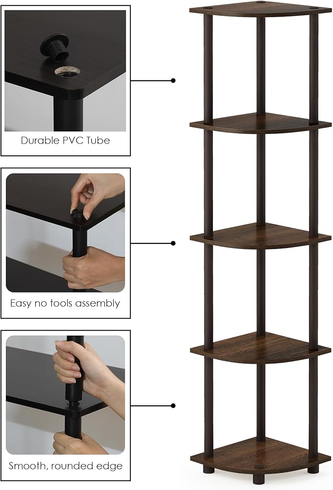 Furinno TURN-N-TUBE Corner Shelf, 5-Tier Corner Bookshelf, Open Storage Shelves, for Organization and Storage, Living Room, Home Office, Garage, Bedroom, Walnut