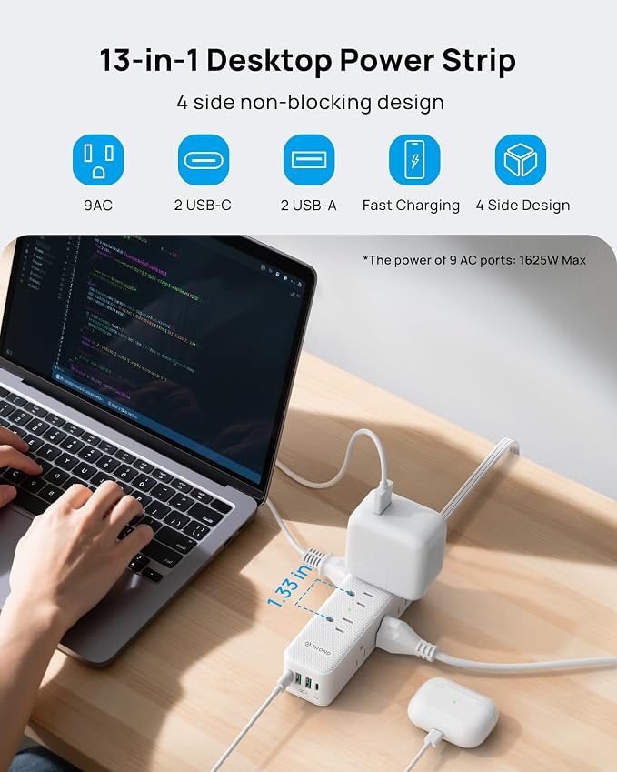 TROND 360° Rotating Flat Plug Power Strip with USB PD 20W, 10FT Flat Extension Cord Surge Protector 1300J with 9 Outlets 4 USB Ports, Wall Mountable, for Home Office Travel Dorm Room Essentials, White