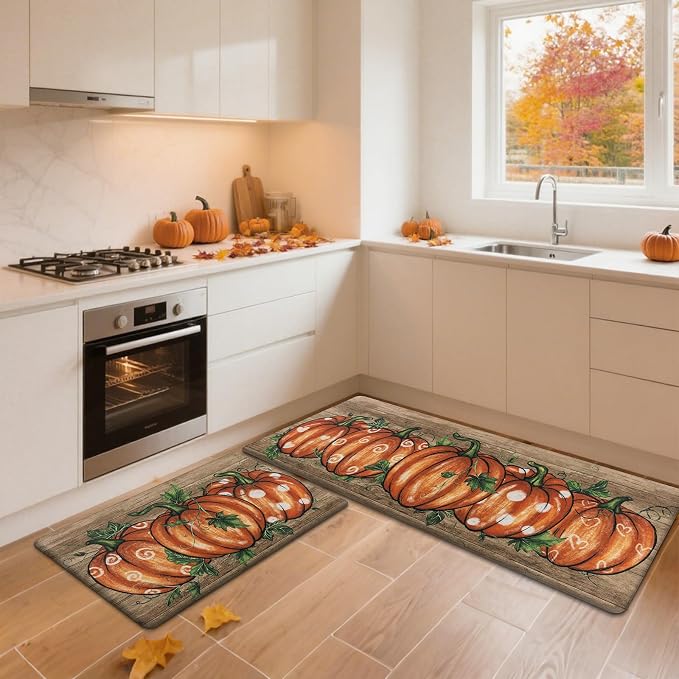 SHACOS Fall Anti Fatigue Kitchen Mats Orange Pumpkins, 17x27.5+17x47 | Wood Board Autumn Harvest Cushioned Kitchen Rugs Set of 2 Non Slip Kitchen Floor Mat Ergonomic Standing Mats