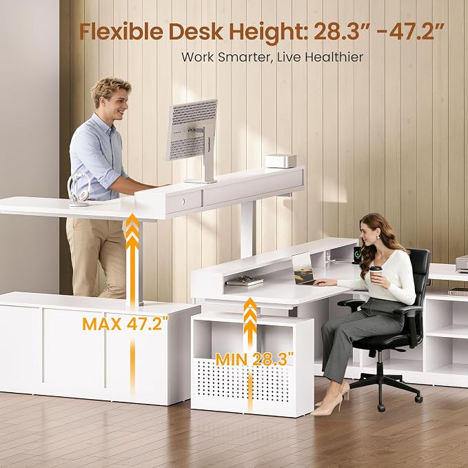 SEDETA L Shaped Electric Standing Desk, 63 inch Height Adjustable Corner Computer Desk with Storage Shelves and LED Lights, Corner Gaming Desk with Power Outlet and Pegboard for Home Office, White