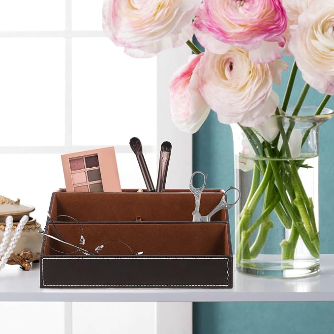Desktop Sundries Storage Holder Minimalist Contemporary Design Desk Organizer Pu Leather with High Density Board to Keep Desk Clean and Tidy for Office and Home Use