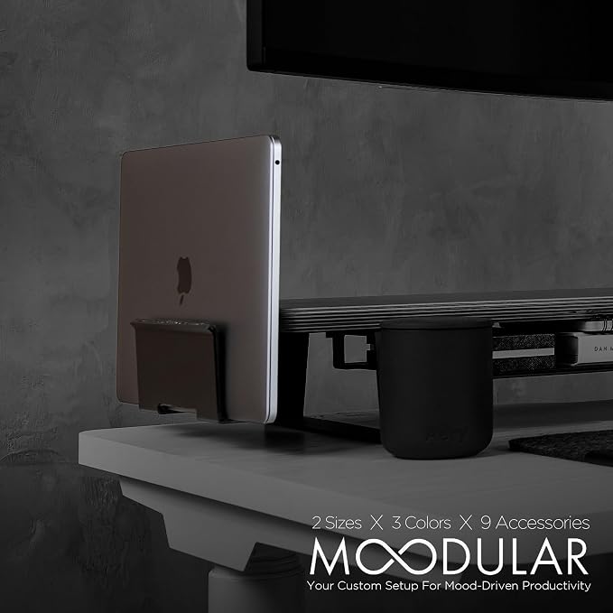 Moodular Vertical Laptop Tray Add-On for Rails, Do Not Use Alone | Accessory Only, Clamshell Mode, Fits Laptops & Tablets Under 0.7", Saves Desk Space, Felt-Lined, Steel, Black, MSA-VLT