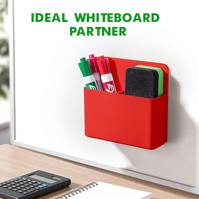 2 Pcs Magnetic Dry Erase Marker Holder for Whiteboard, Plastic Magnetic Pen Holder for Refrigerator Fridge, Magnet Pencil Cup for School Classroom, Locker Accessories, Pen Cup Organizer-Red