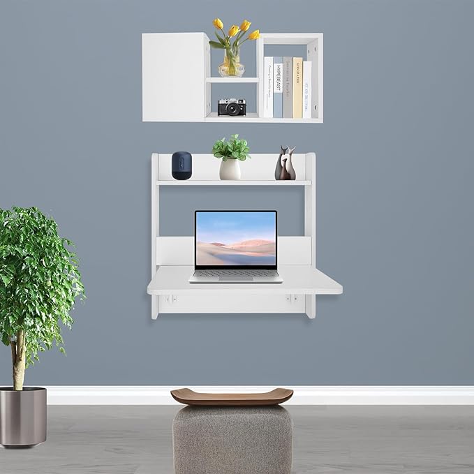 Floating Desk, 24" Wall Mounted Folding Desk with Bookshelf Folding Wall Desks Space Saving Workstation with Storage Shelves for Home Office Bedroom Study Room Small Space