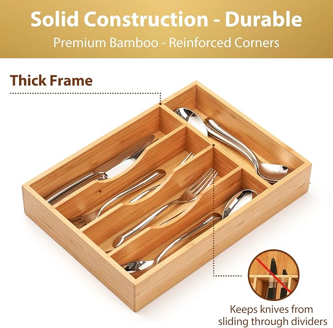 Kitchen Drawer Organizer, 10 Inch Silverware Utensil Tray Holder, Extra Deep, with Non-Slip Feet & Grooved Drawer Divider, 5 Slots Total Bamboo Wood Caddy for Flatware Cutlery Knives
