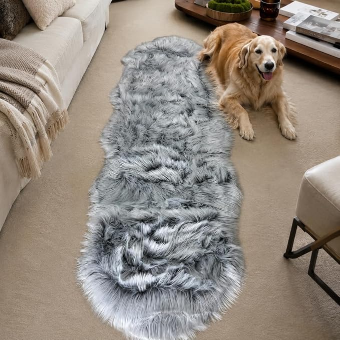 EasyJoy Faux Sheepskin Rug, 2 x 6 ft, Frosted Bottom Gray | Fluffy Faux Fur, Ultra Soft Shag, Non-Slip Backing, For Bedroom, Living Room, Nursery, Kids Room