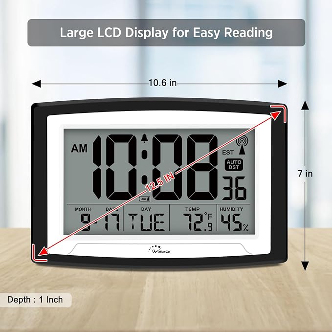 WallarGe 12.5 Inch Atomic Clock with Indoor Temperature and Humidity | Battery Operated Digital Wall or Desk Clock, Auto DST, Large Display for Seniors, Self-Setting, for Classroom, Garage, Office