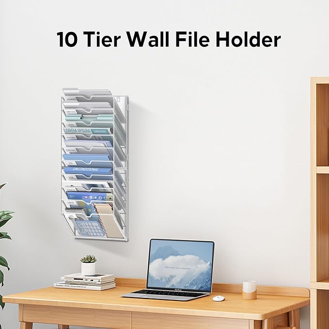 10 Tier Wall File Organizer Office Hanging Mail Holder Wall Mounted, Mesh Paper Document Organizer for Office Home School, White
