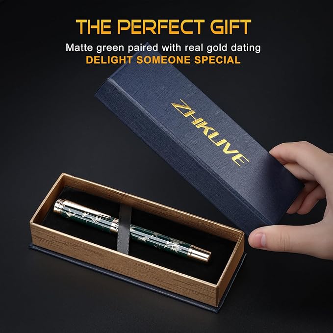 ZHKUVE Luxury Rollerball Pen,Stunning Green Lacquer with bamboo leaf patterns,Switzerland Tip with Black Ink Refills, Elegant Gift Set For Men & Women, Executive Writing, Nice Fancy