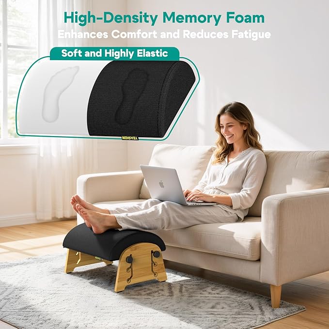 Ergonomic Foot Rest Under Desk at Work, Bamboo Wood Adjustable Foot Stool Under Desk with 6 Positions, Office Footrests with Memory Foam, Leg Rest Used for Car, Home, PC Gaming Accessories