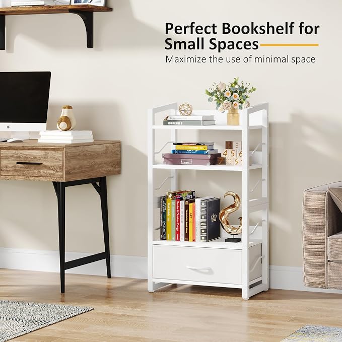Hosfais Small Bookshelf with Drawer - 4-Tier Wood Book Shelf Industrial Narrow Bookcase Storage Organizer Metal Stackable Shelves for Desktop Bedroom Living Room Home Office (White)