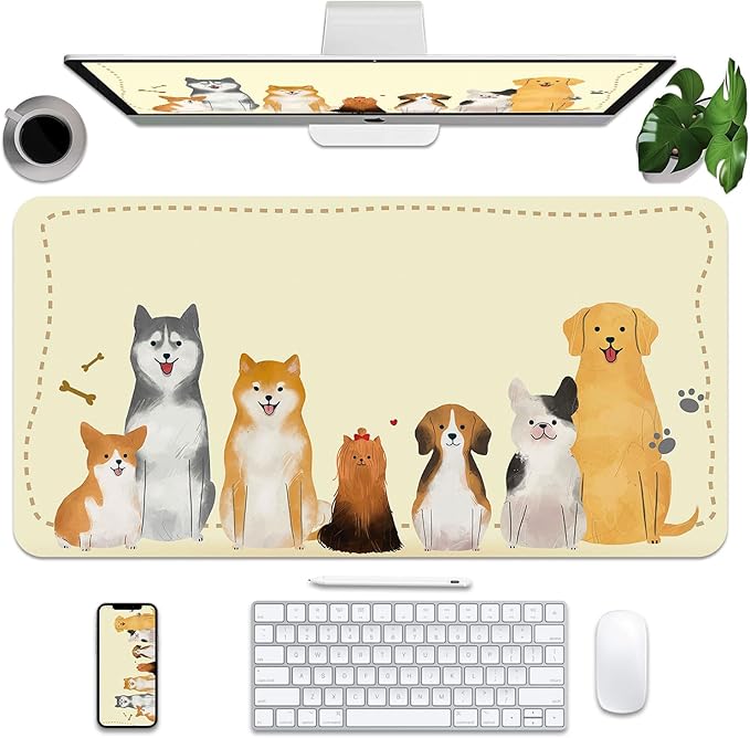 BLESWIN Cut Desk Mat 31.5" x 15.7", Waterproof Leather Desk Mat, Computer Mat for Keyboard or Mouse, Desk Mousepad Non-Slip Writing Pad Leather Blotter, Laptop Desk Pad (31.5" x 15.7", Puppies)