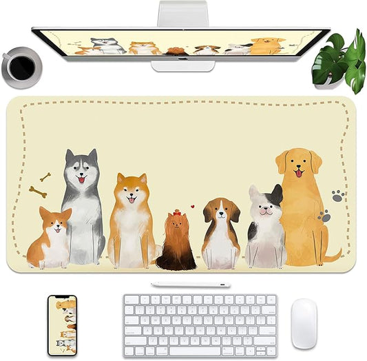 BLESWIN Cut Desk Mat 31.5" x 15.7", Waterproof Leather Desk Mat, Computer Mat for Keyboard or Mouse, Desk Mousepad Non-Slip Writing Pad Leather Blotter, Laptop Desk Pad (31.5" x 15.7", Puppies)