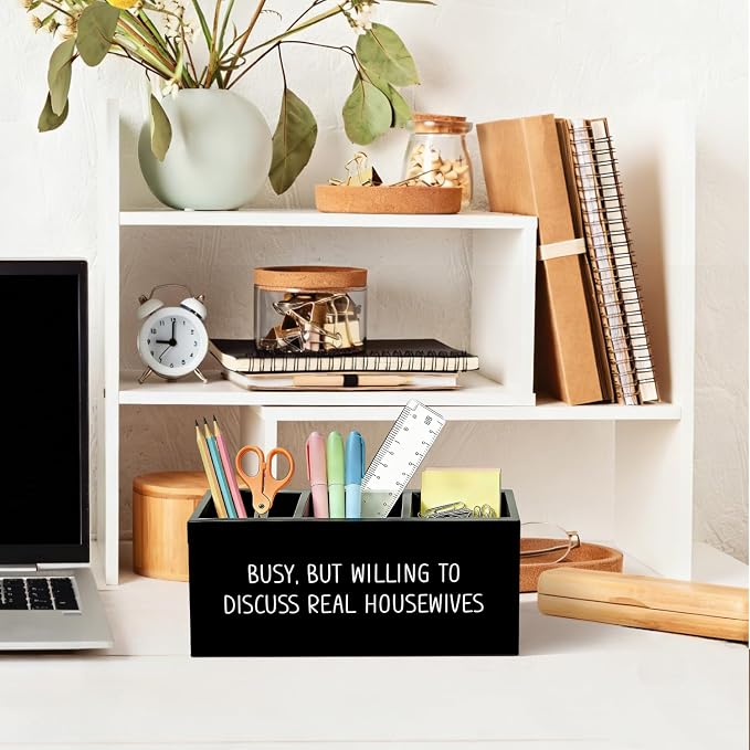 Funny Pen Pencil Holder for Desk, Funny Office Gifts for Coworkers, Busy But Willing to Discuss Housewives Wooden Box Sign Organizer for Office Workplace Desk Accessories Tabletop Decorations