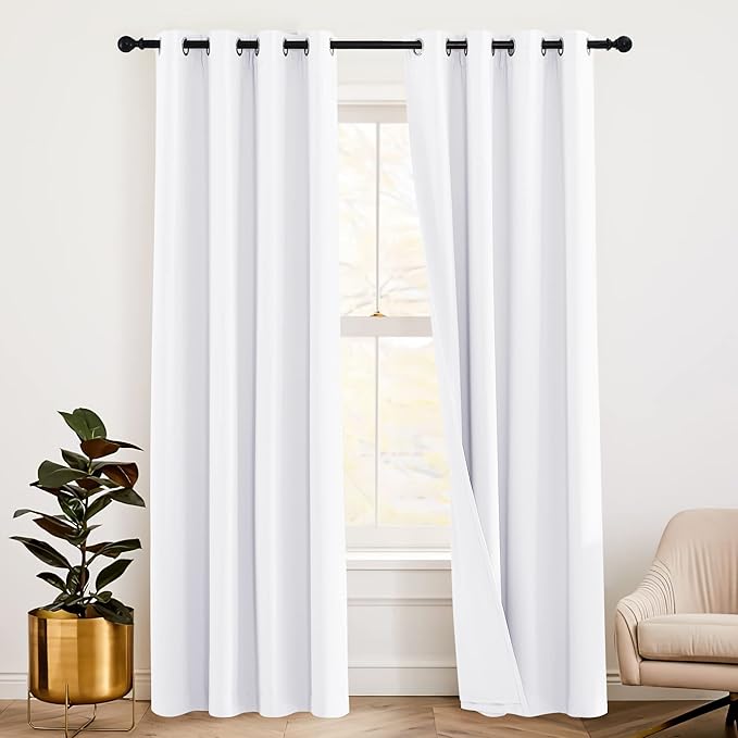 RYB HOME 3-in-1 Soundproof Curtains with Detachable Felt Liner, 100% Blackout Thermal Insulated Living Room Curtains, Draft Block Drapes for Living Room, Pure White, W52 x L72 in, 1 Pair