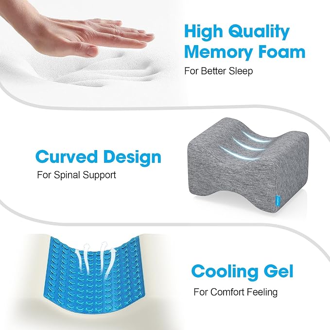 Knee Pillow for Side Sleepers, Leg Pillow with Cooling Gel, Grey/Large | Memory Foam Elevation Pillow for Spine Aligning, Sciatica, Back, Hip, Knee, Ankle Pain