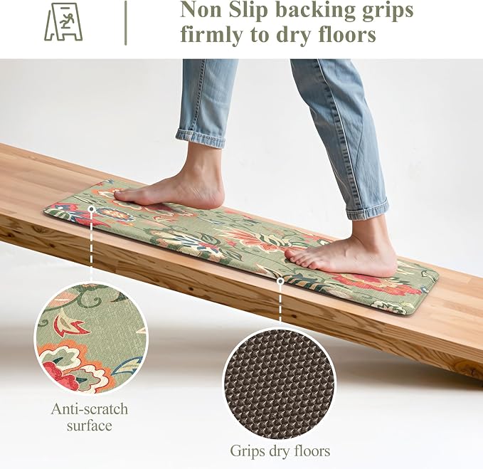 LEEVAN Anti Fatigue Kitchen Mats for Floor, Cushioned Kitchen Mat Set 2PCS | 17.3"x29"+17.3"x47", Boho Floral Green Kitchen Rugs Non-Slip, Waterproof Ergonomic Standing Mats for Laundry, Office, Sink
