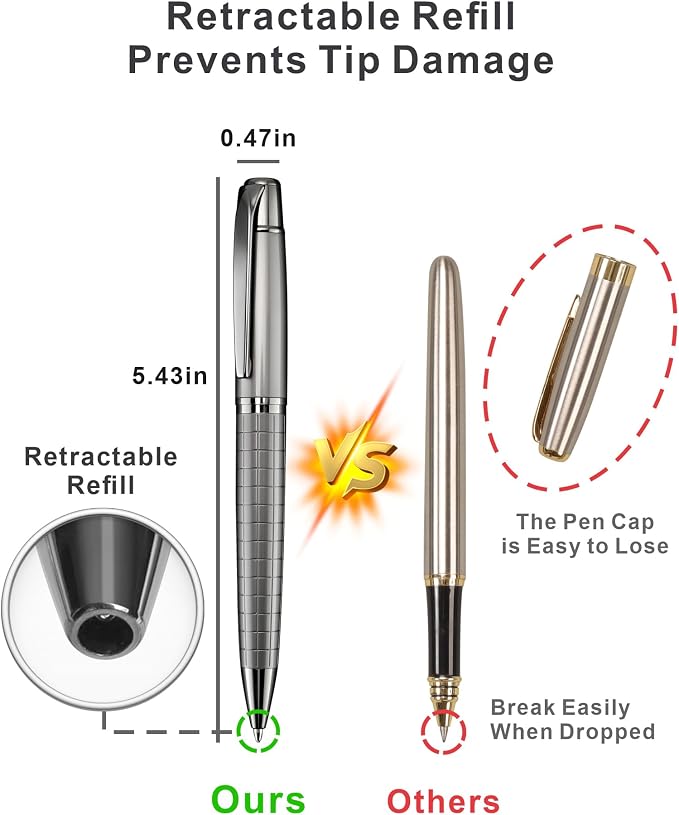 Cambond Ballpoint Pens Black Ink - Weighted Metal Twist Gun Black Pens for Police Uniform Flight Attendant Business, 1.0 mm Medium Point Smooth Writing, 3 Pens with 6 Refills (Gun Black)
