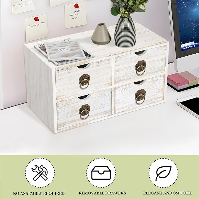 Wood Desk Organizer, White Wooden Desktop Organizer with Drawer, Tabletop Storage Organization Box for Countertop, Home Office Supplies Bills, 13.5x6.6x7.09 Inch(4 Drawer)