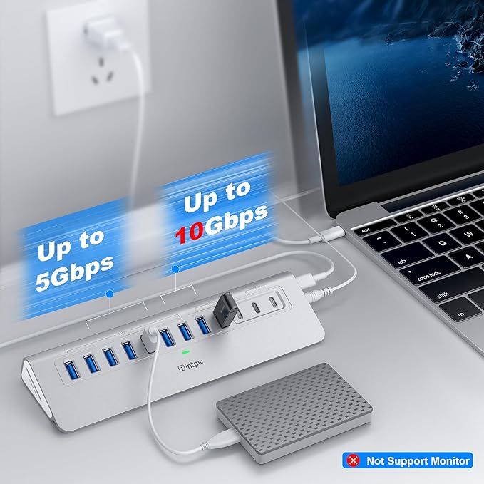 YH9AC Plus Powered USB Hub 10Gbps, 14 Port USB 3.2 Hub(USB A/USB C 3.2+7 USB-A 3.0+2 PD 45W Fast Charging Ports+SD/TF Card Reader), 65W Power Adapter,Aluminum USB HUB for PC,Laptop,iPhone 17/16