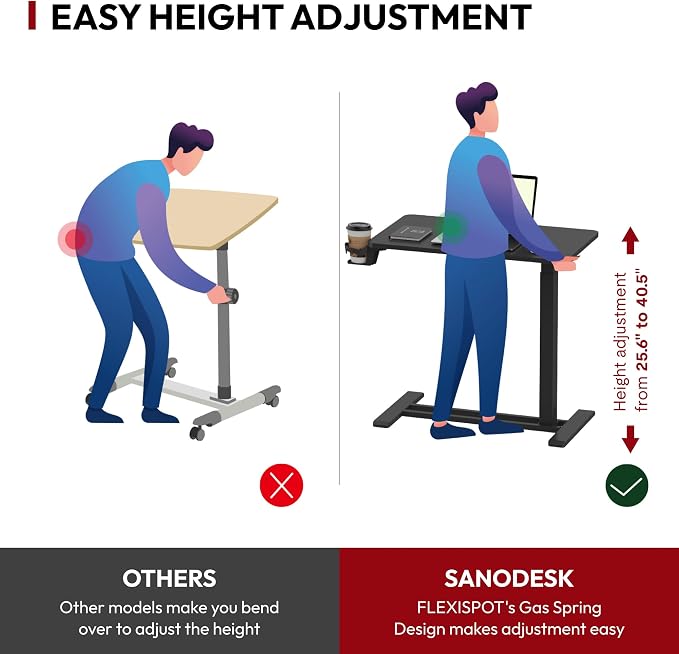 SANODESK 32'' Mobile Standing Desk with Hidden Wheels,Pneumatic Laptop Desk | Sofa Computer Cart Movable Height Adjustable Table Small Sit Stand Desk for Home Office Hospital Use,31.5" W x 17.7" D,Black