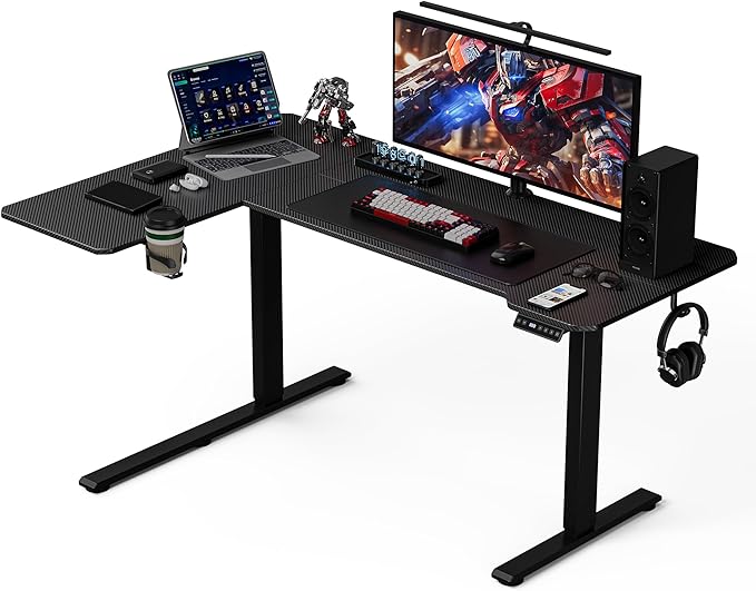 Acrolix L Shaped Electric Standing Desk - 59x40 Inch Reversible Corner Sit Stand Desk with Hook&Cup Holder,Electric Height Adjustable Table,for Home Office Gaming Computer Desk, Black Carbon