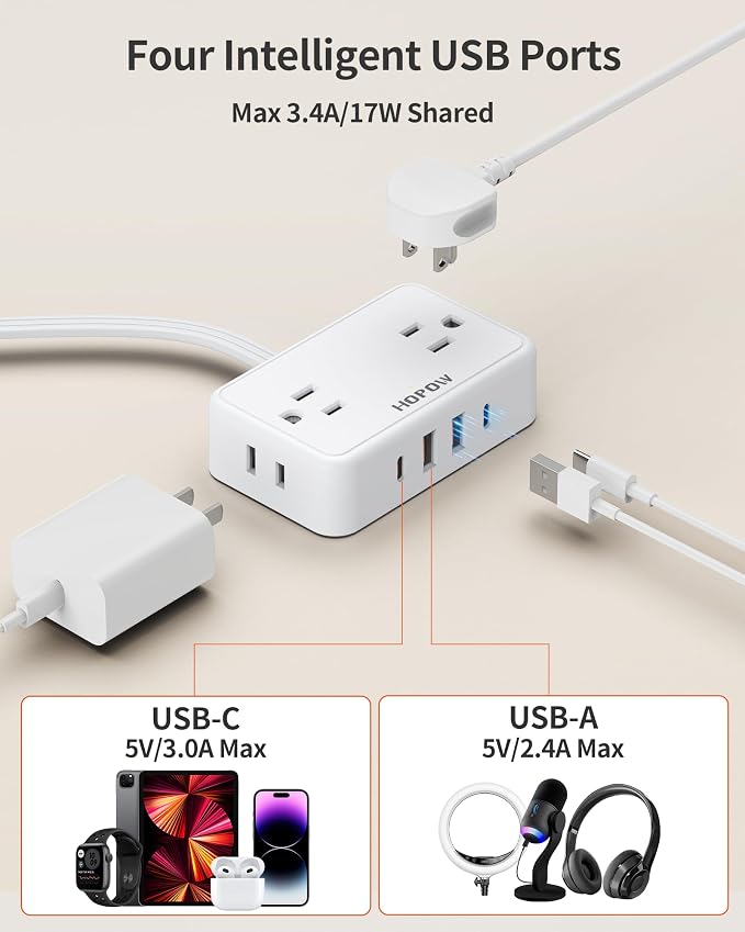 Flat Plug Extension Cord, 6 Ft Ultra Thin Power Strip with 4 AC Wide Spaced Outlets and 4 USB (2 USB-C) Ports, No Surge Protector for Cruise Ship, White Extension Cord for Travel Home Office