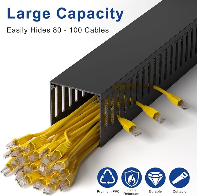 ZhiYo 3"H x 3"W Cable Raceway, 6ft Under Desk Wire Management Channel Black | Slotted Wire Duct, 2 Pack (3 ft Each), Heavy-Duty PVC Cable Management for Server Racks, Network Cables & Electrical Cabinets