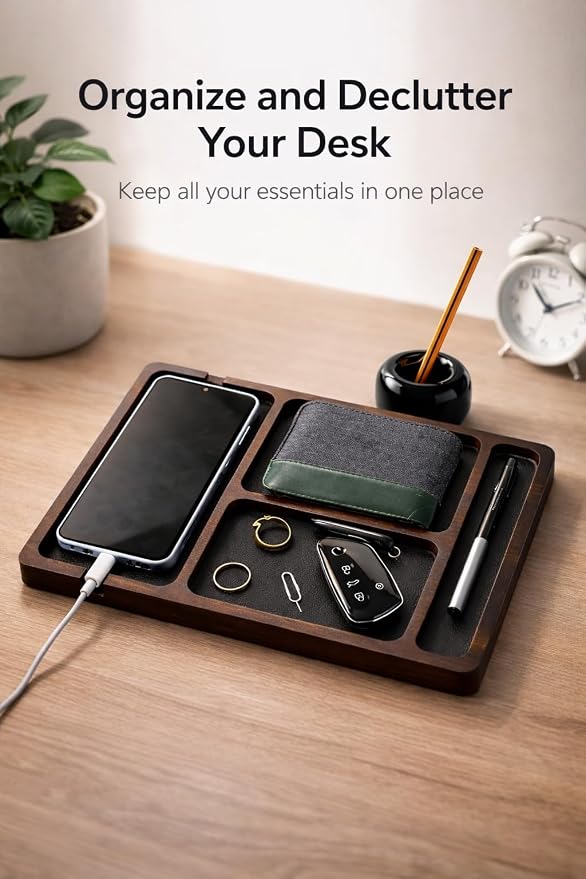 Desk Organizer Tray for Men with Ceramic Pen Holder, Wooden Valet Tray, Minimalist EDC Desk Organizer for Phone, Wallet, & Keys, Nightstand Bedside, Entryway, Birthday Gift for Him