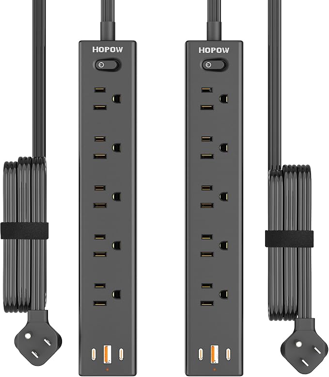 HOPOW Power Strip Surge Protector, 2 Pack, 10 Ft Ultra Thin Flat Extension Cord, Surge Protector with 5 Outlets & 3 USB Ports (2 USB C), 1700 Joules, 3-Prong, Wall Mount for Home Office Dorm, Black